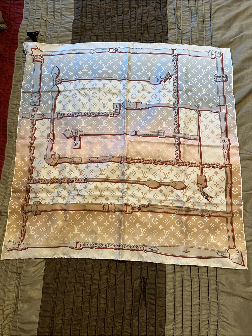 Louis Vuitton Multicolor Monogram Silk Scarf in Cream, Beige, Pink and Gray